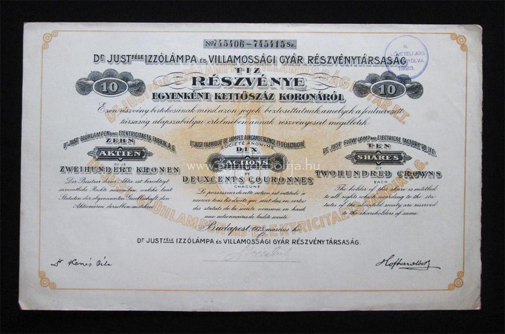 Dr Just-féle Izzólámpa részvény 10x200 korona 1923